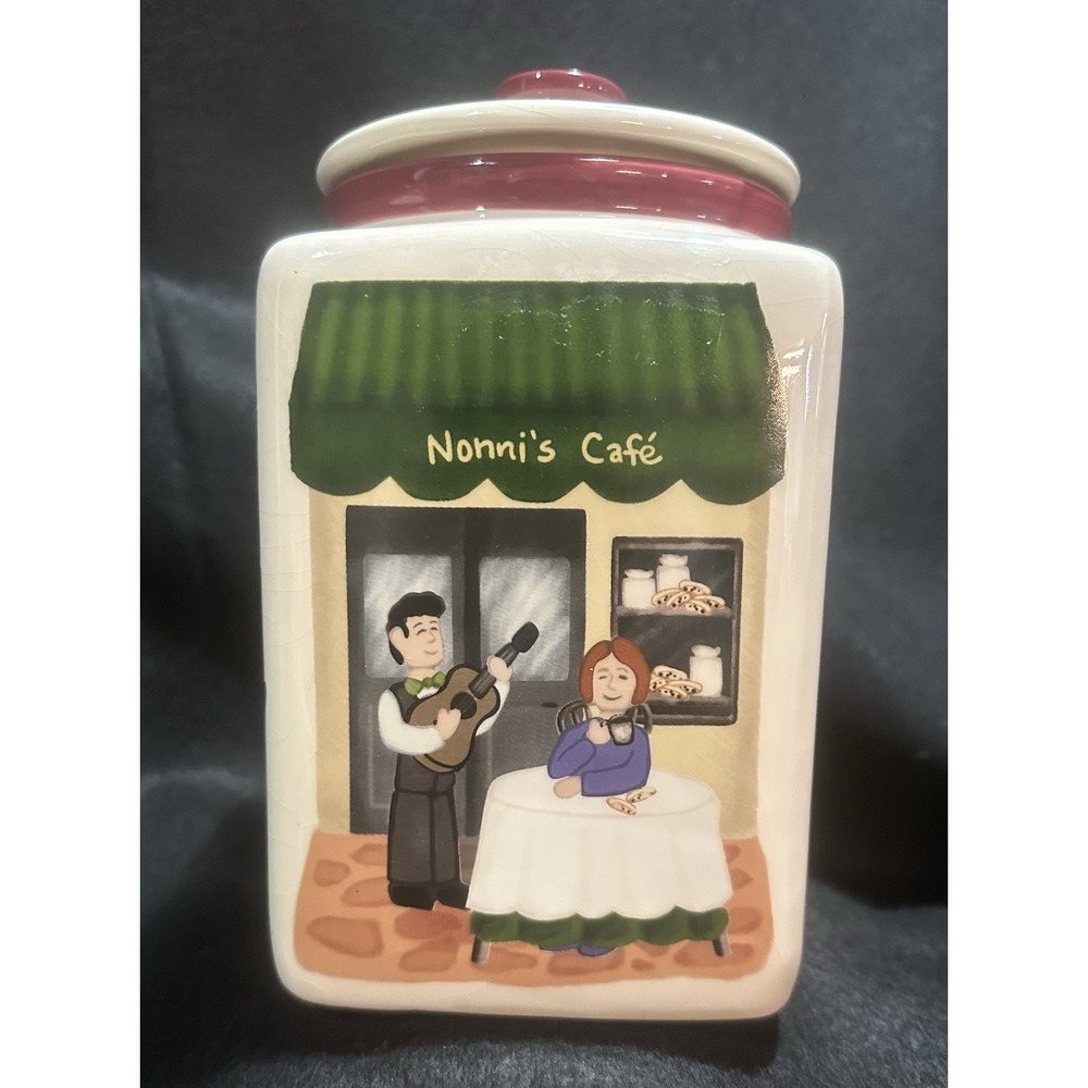 Nonni's Cafe Hand Made Ceramic Canister cookie jar w/Lid Burgundy Trim